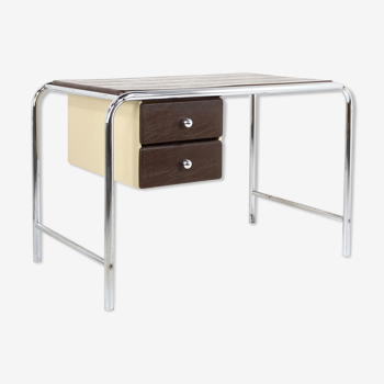 Bauhaus style desk in chrome-shaped metal and faux leather