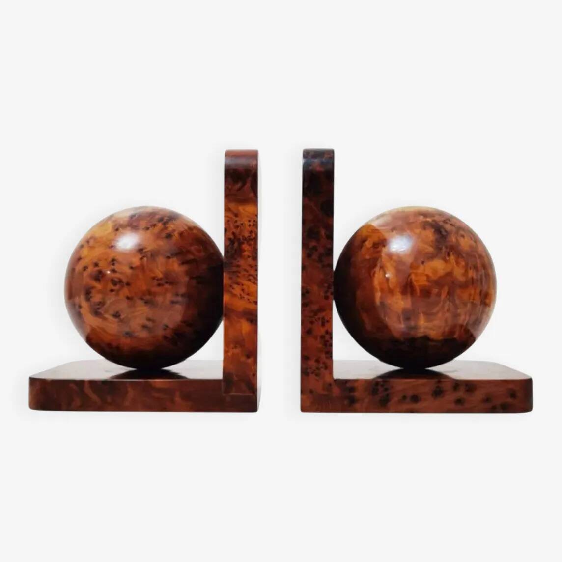Art Deco bookends made of polished solid burl wood.