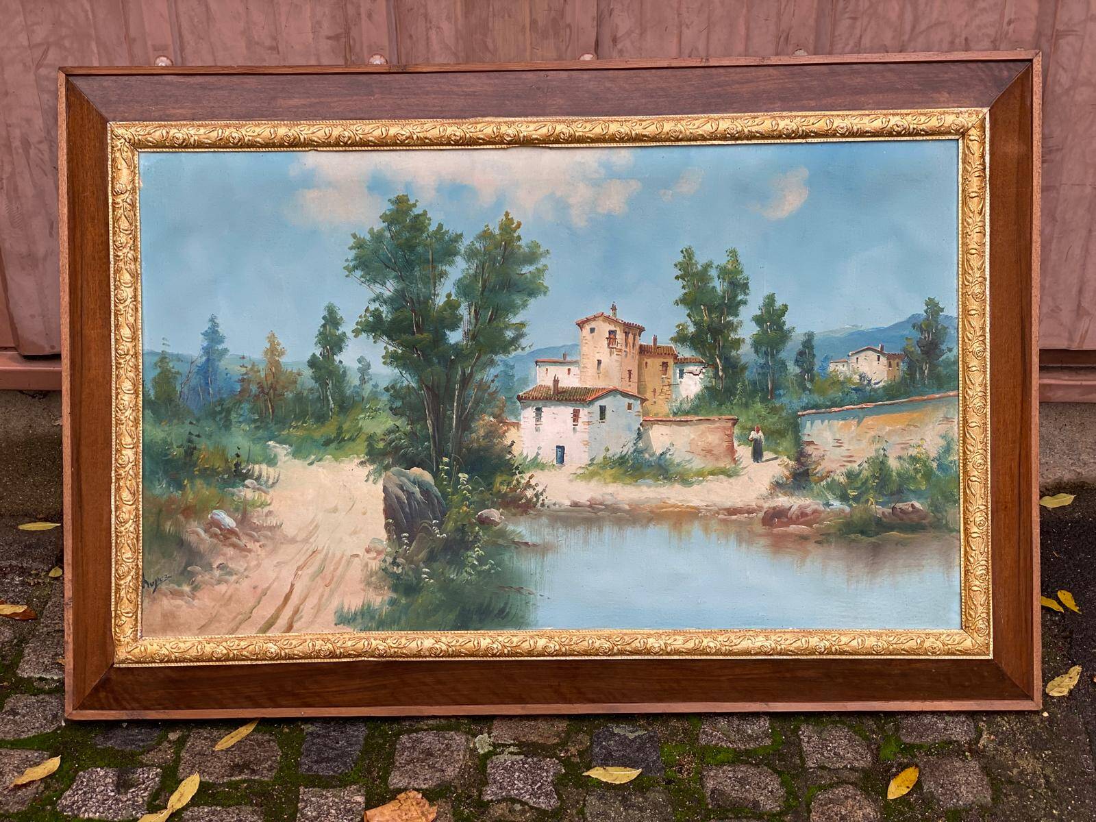 Oil painting on canvas, house and lake, 120x80cm