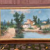 Oil painting on canvas, house and lake, 120x80cm