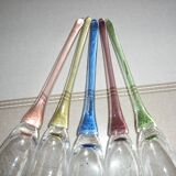 5 champagne flutes, with colored stem, vintage 30 cm high