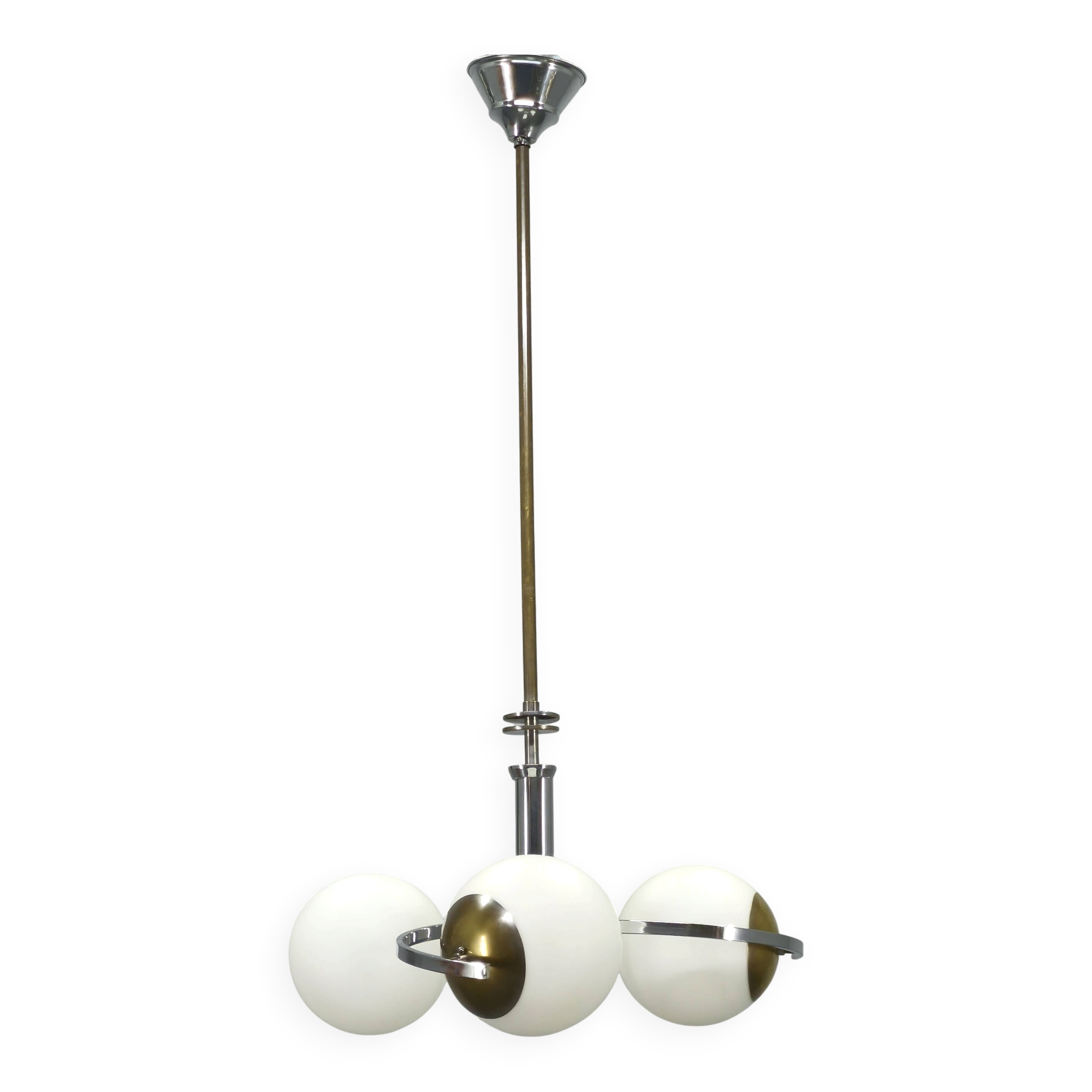 Chandelier en chrome et verre opalin Art Déco tchèque, années 1930