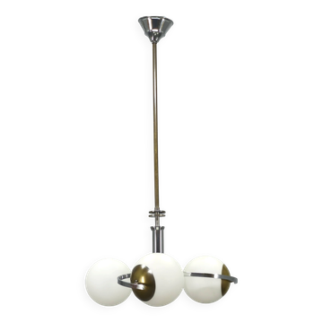 Czech Art Deco Chrome and Opaline Glass Chandelier, 1930s