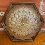 Antique Ceiling Light Wall Lamp Molded Glass + Wooden Support 70s Vintage