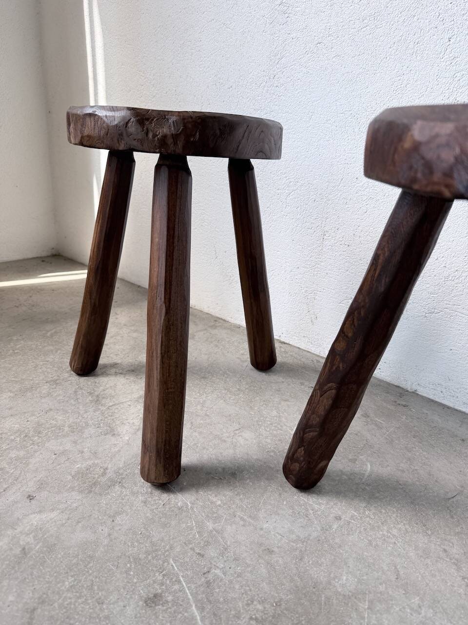 Pair of tripod stools in oak