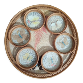 Bamboo top and 6 vintage butterfly coasters