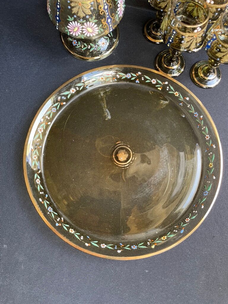 Amber crystal enamel and gilded liquor service