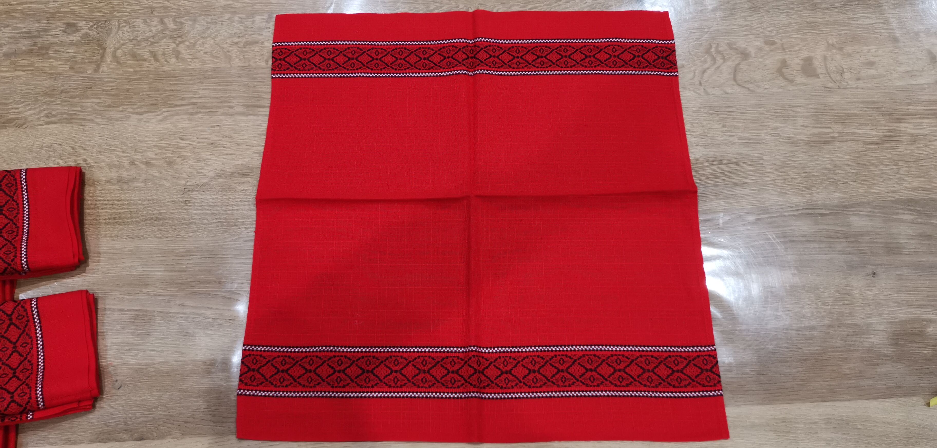 Old rectangular Basque red tablecloth and 12 matching Dralon towels
