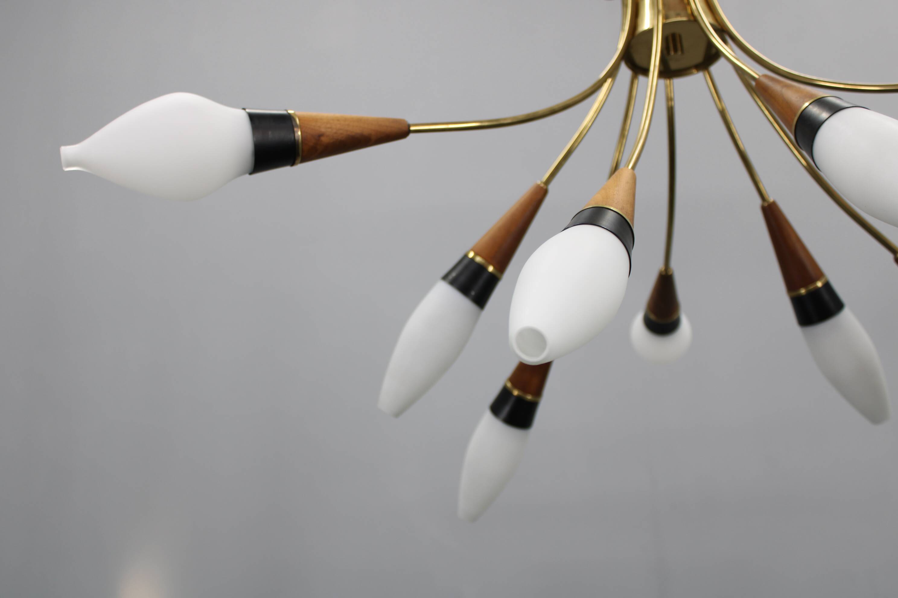 1960s Rupert Nikoll Brass and Teak Opaline Glass Chandelier, Austria