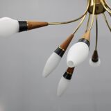 1960s Rupert Nikoll Brass and Teak Opaline Glass Chandelier, Austria