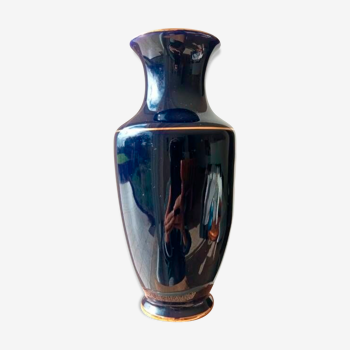 Vase Porcelaine Bleu Cobalt. Doré Or 22k. Castel