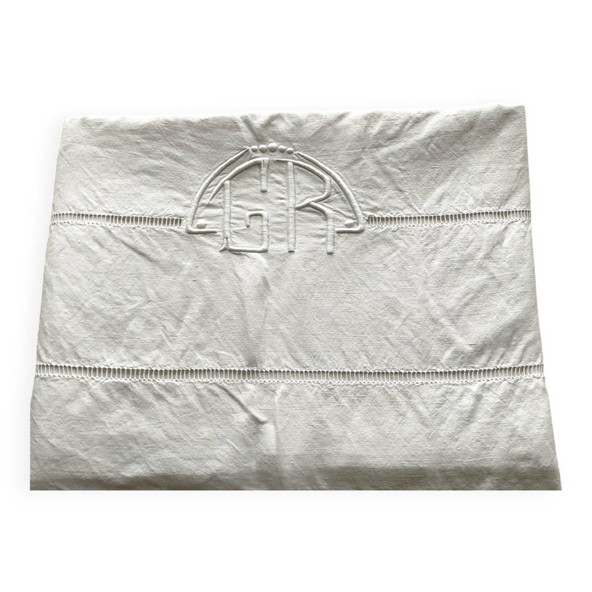 Antique linen sheet hand-embroidered with GR monogram