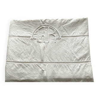 Antique linen sheet hand-embroidered with GR monogram