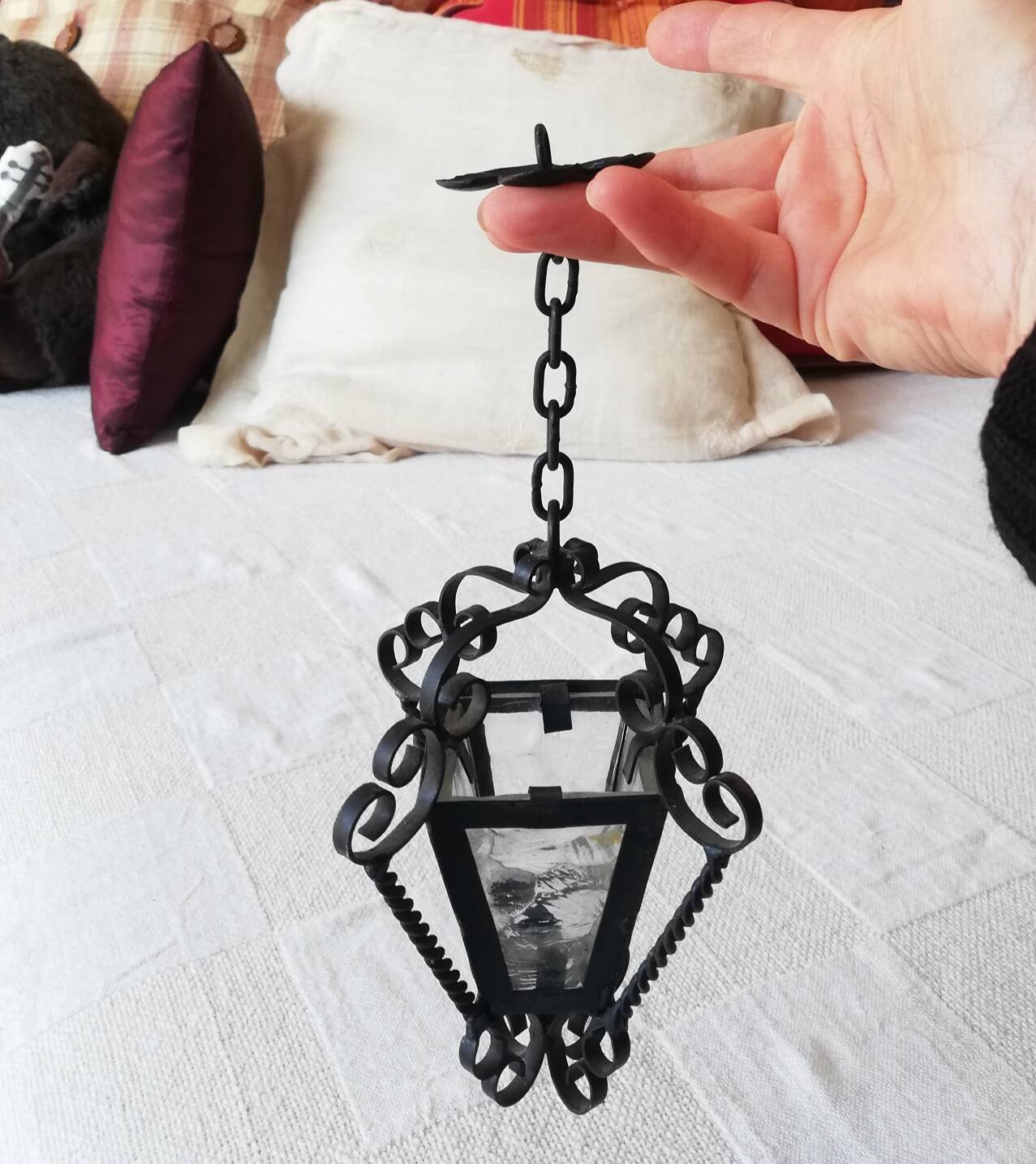 Small vintage wrought iron and glass lantern for dollhouse