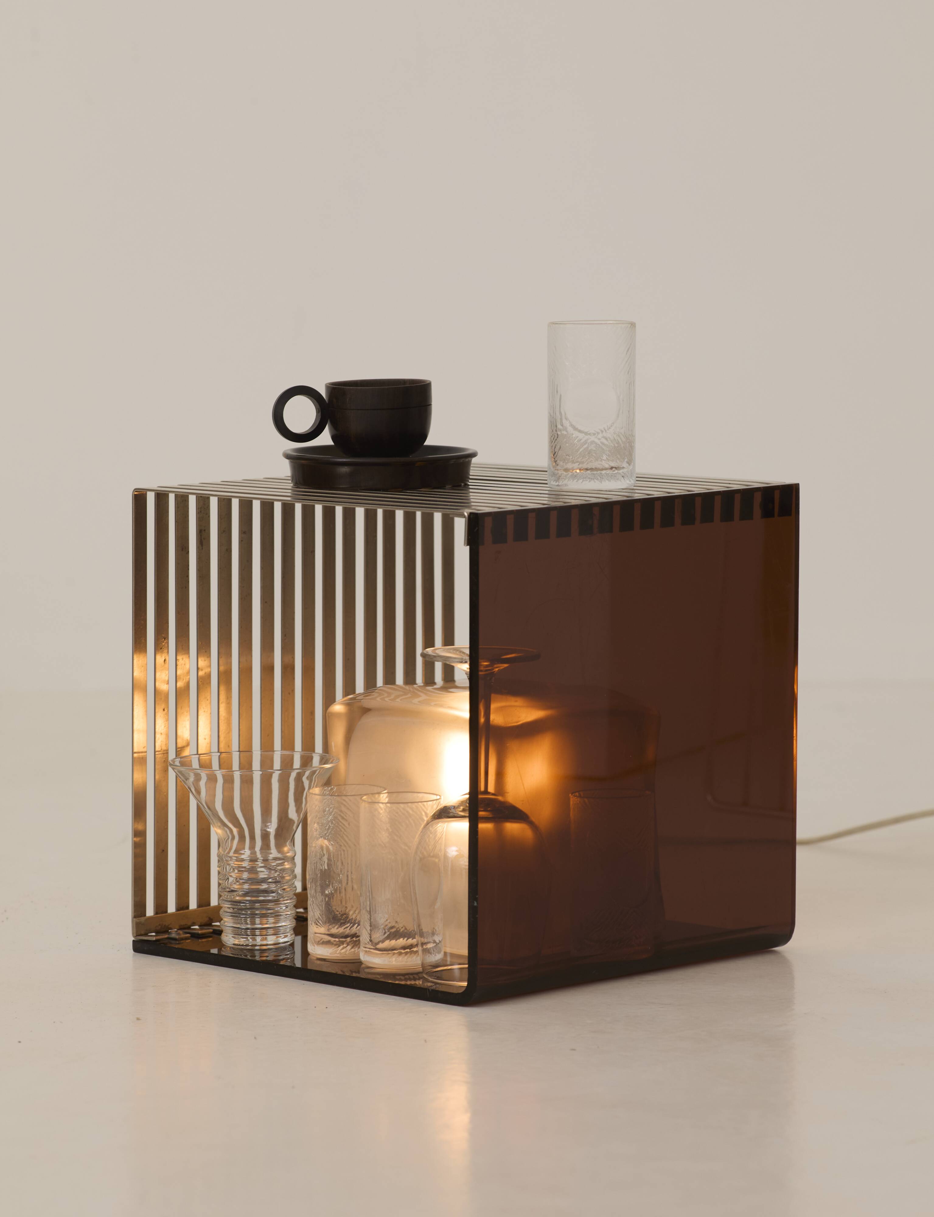 Side table, bedside table in plexiglass and chrome metal, around 1970.