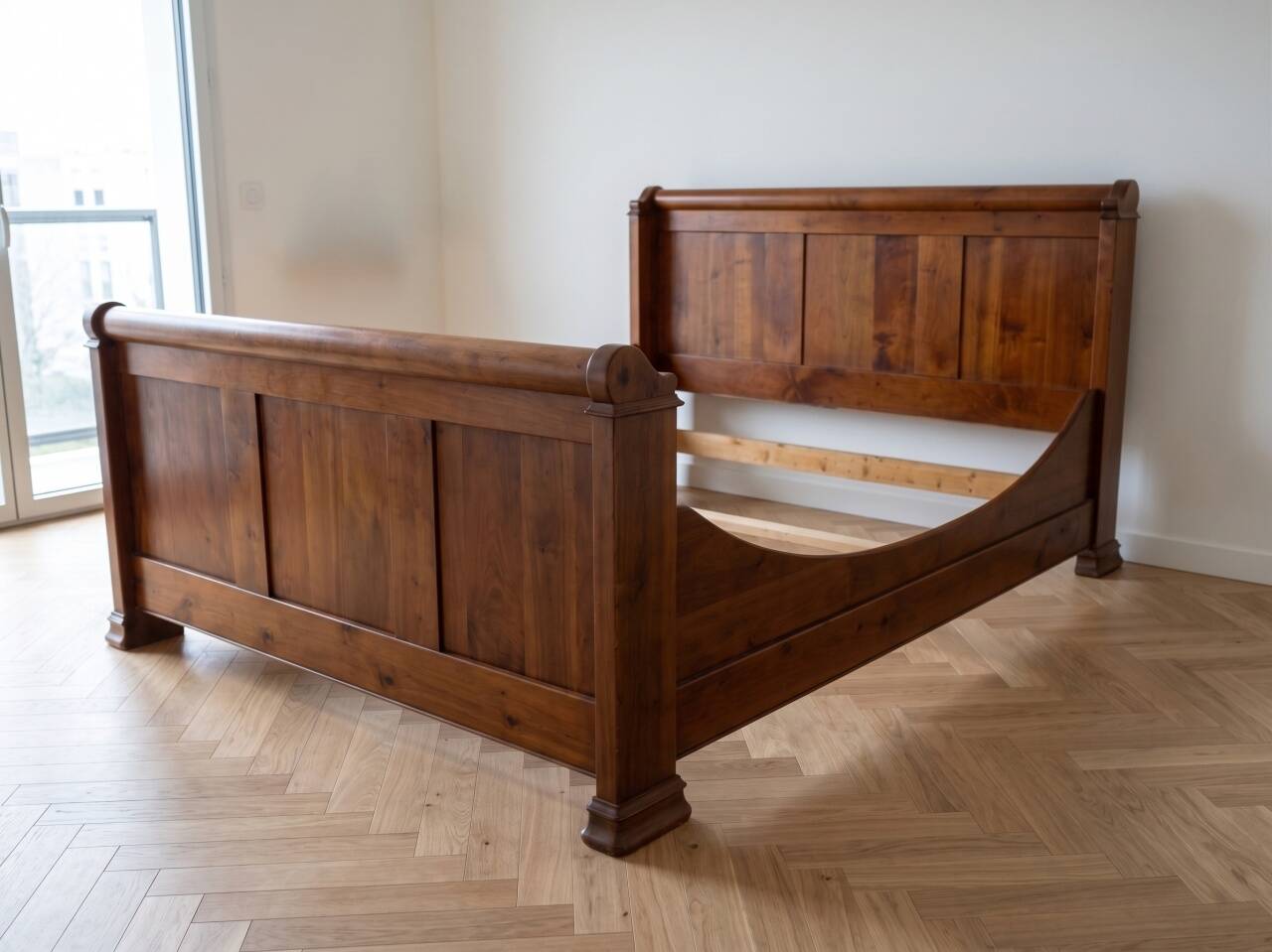 Double bed 160 cm in solid walnut with electric mattress base.