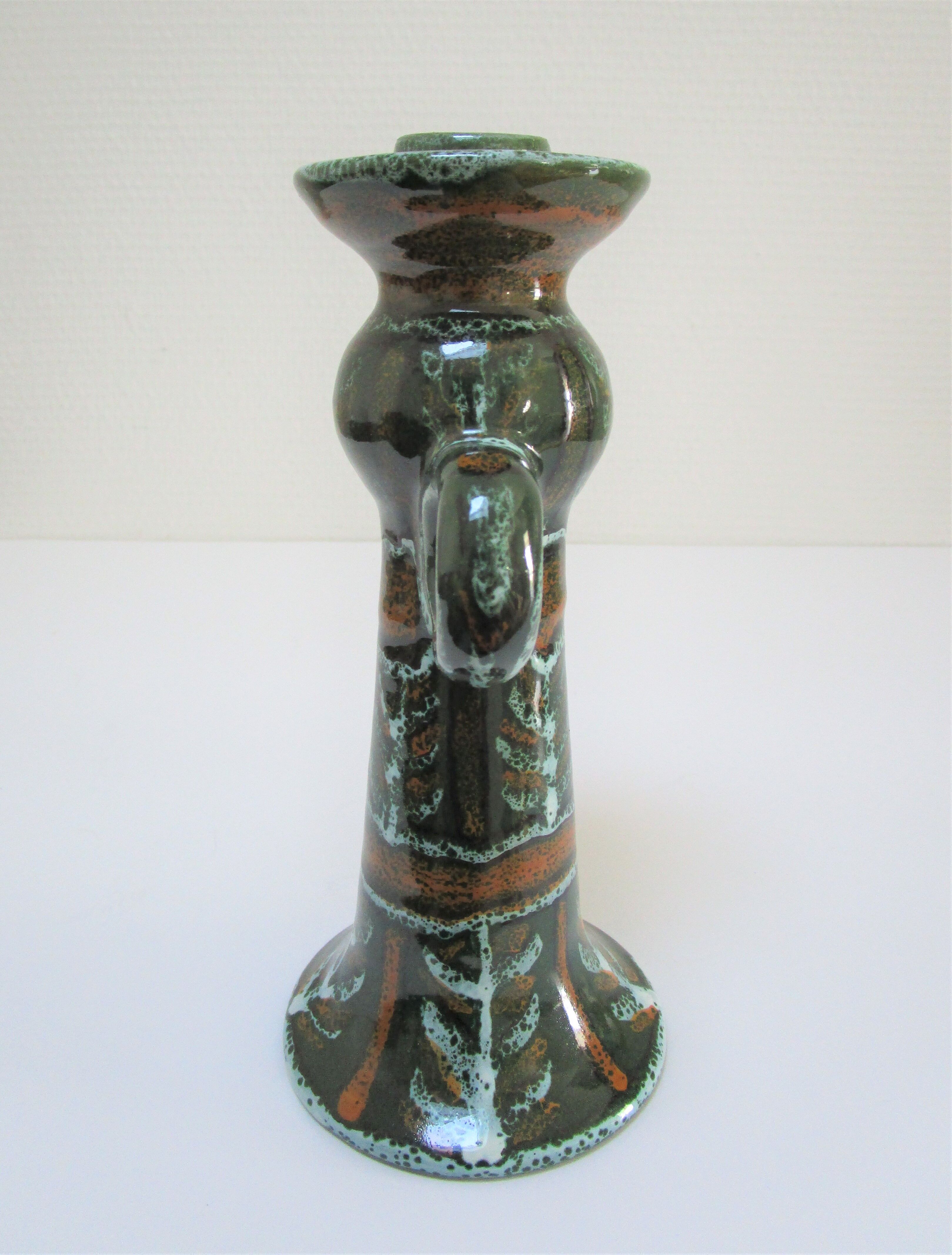 enamelled ceramic candle holder signed "S" plant decoration 70s