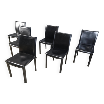 Chaises de salle à manger en cuir noir par Arper Italie, années 1980 - lot de 6