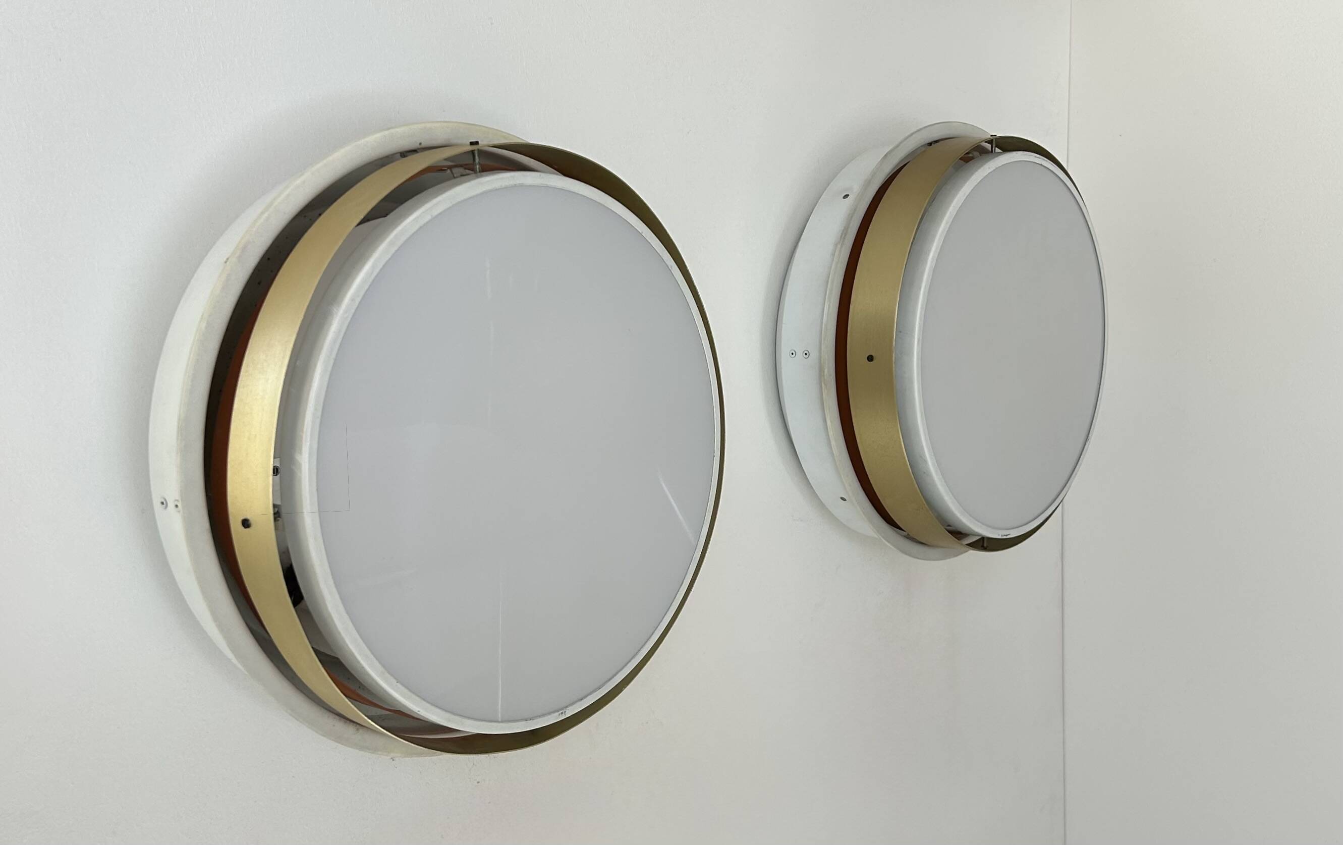 Pair of vintage XL wall lights, brass and opaline glass, Denmark 1970