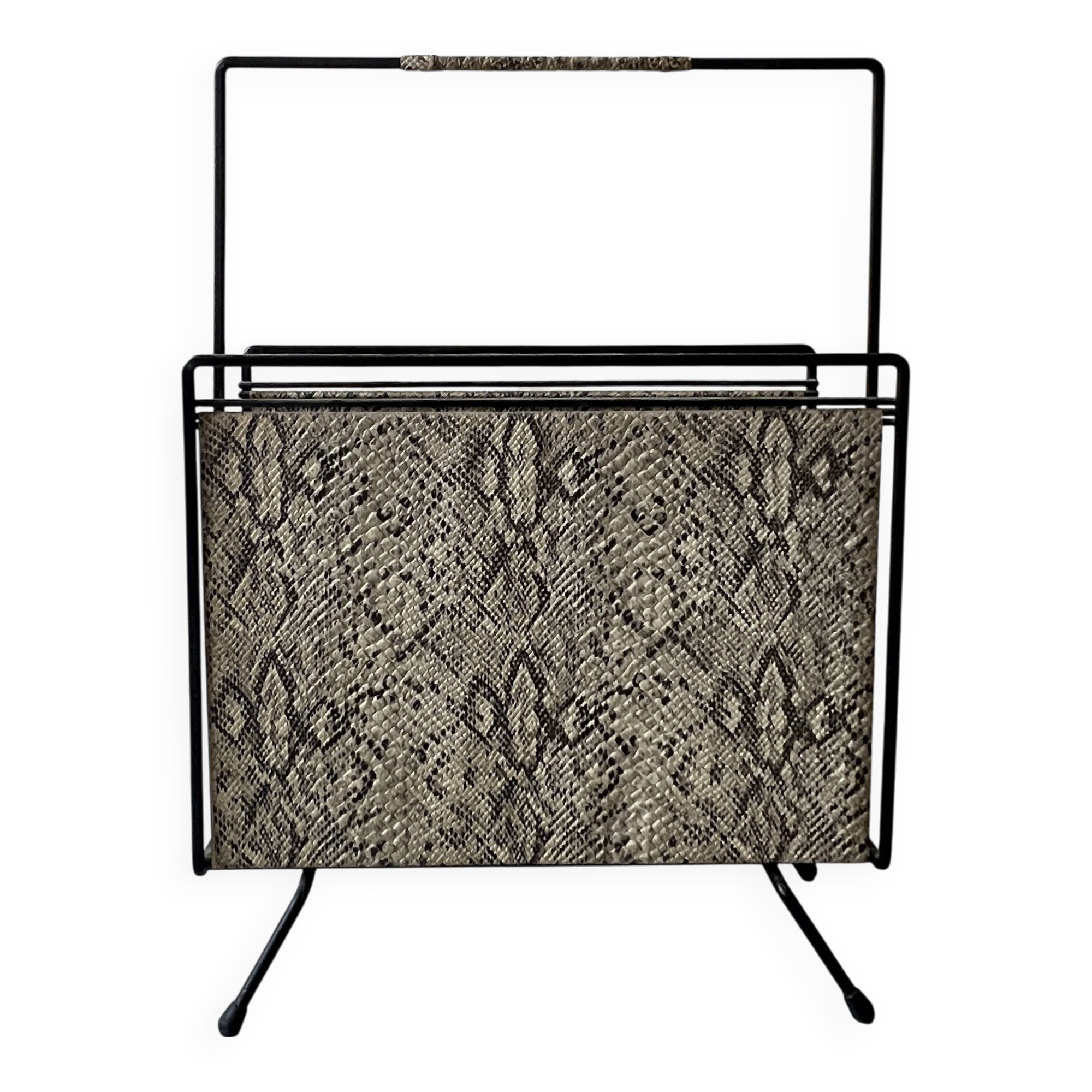 1970s design magazine rack in metal and python leather