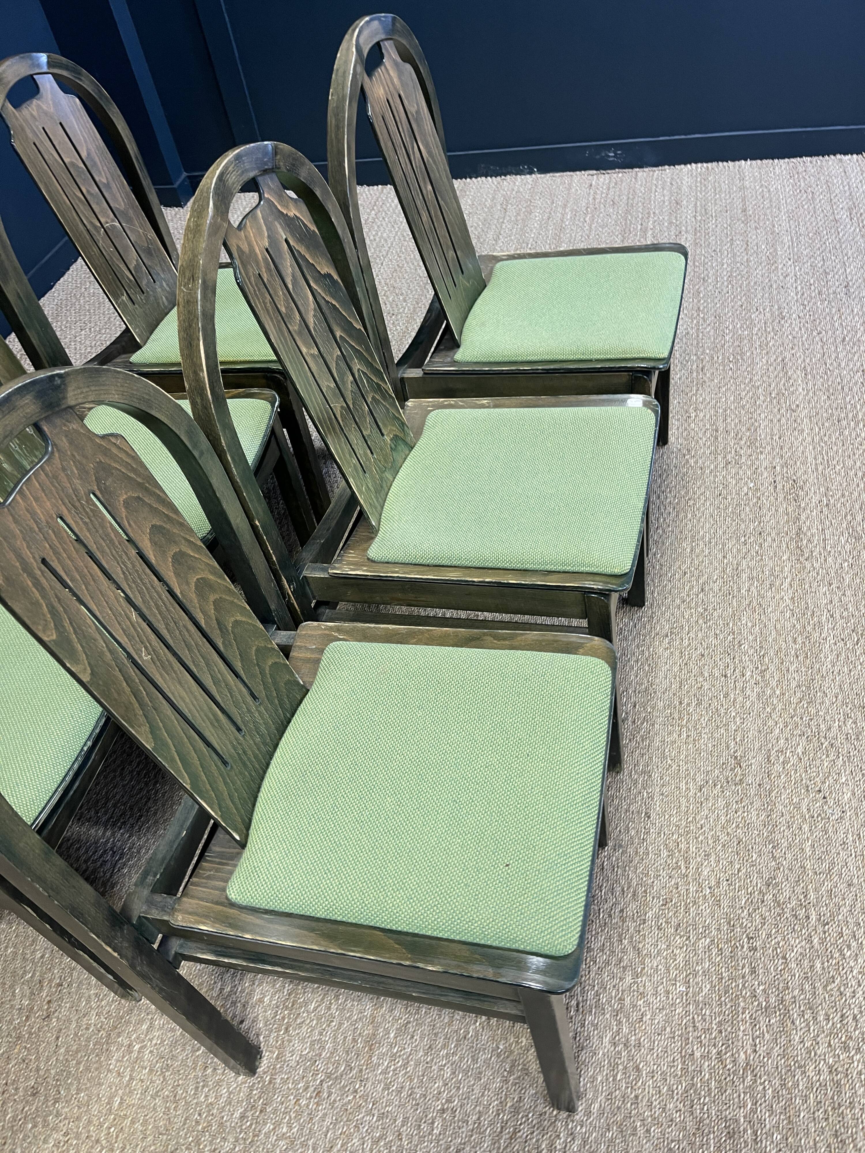 Set of 6 Baumann Argos bistro chairs in wood and green fabric from the 80s France