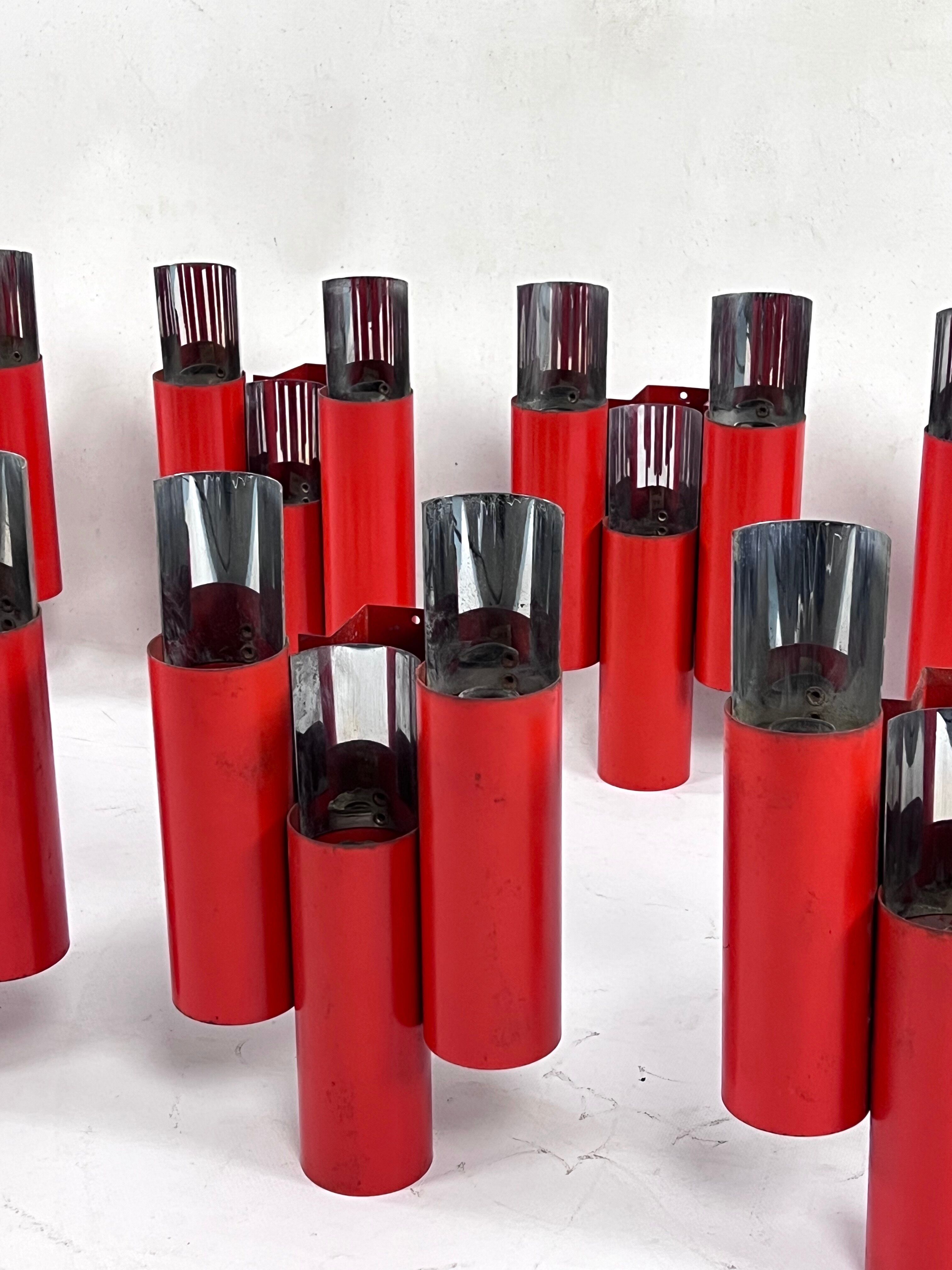 Set of 10 mid-century red and chrome wall lamps by Stilnovo, Italy 1970s