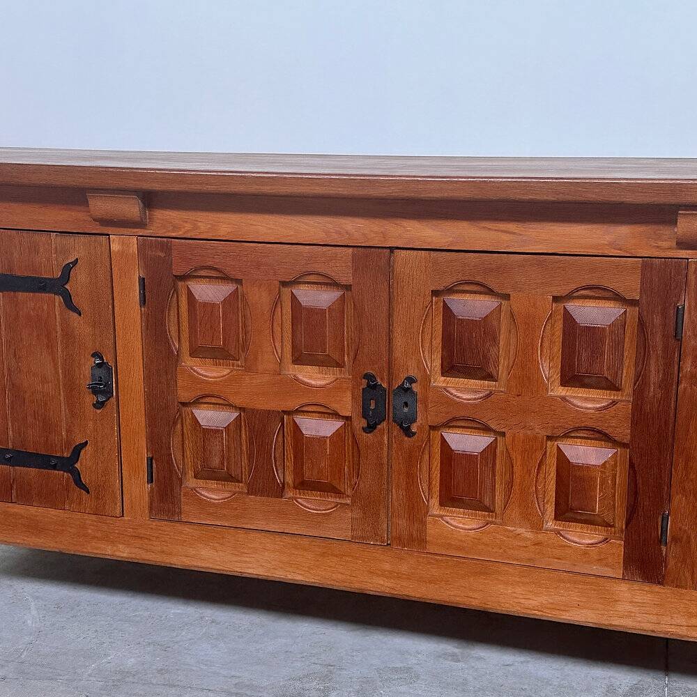 Brutalist solid oak sideboard with hand-forged iron hardware, Belgium, 1970s
