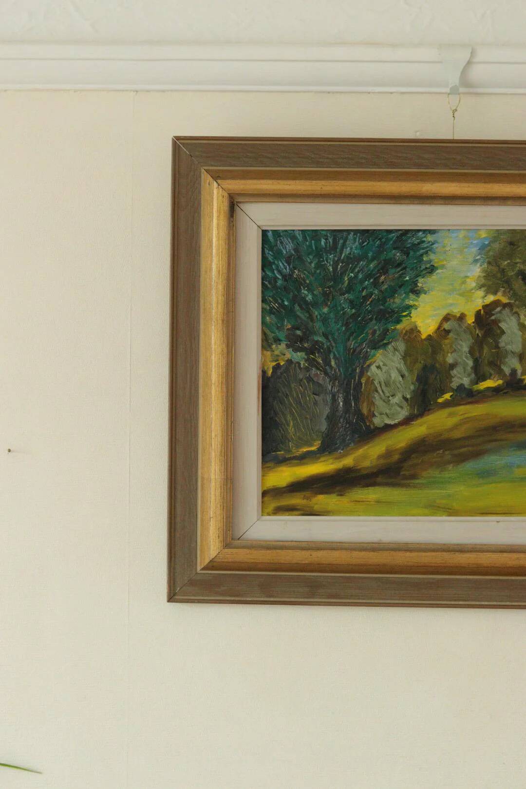 Huile sur panneau suédoise, "Lever de soleil dans un paysage de parc" par Gustaf Forsberg