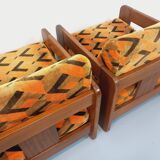 Pair of vintage walnut and velvet fabric sleigh armchairs from the 70s