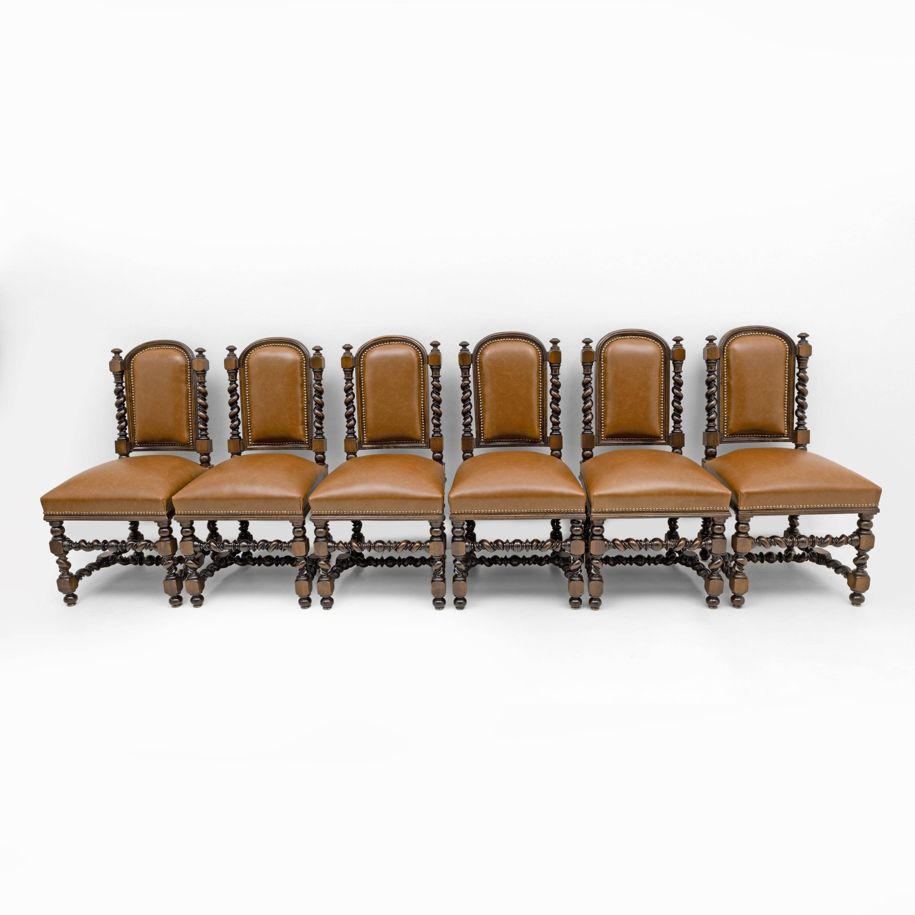 Six Antique Italian Neo-Renaissance Walnut Dining Chairs in Genuine Leather