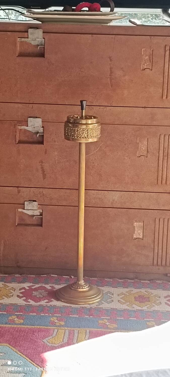Vintage 1950s carved copper ashtray on stand. Handmade. Sublime