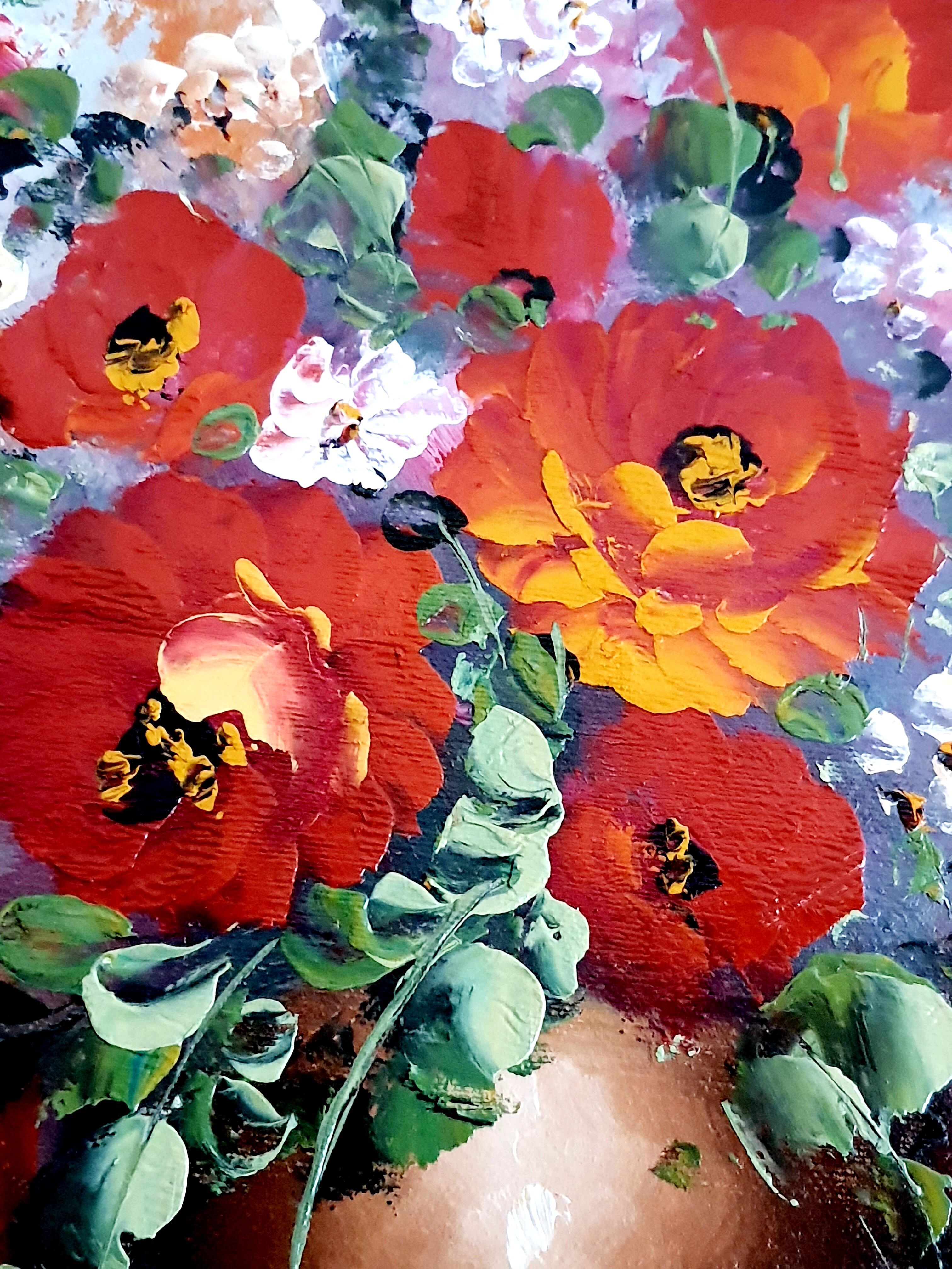 Oil on canvas bouquet of red flowers signed