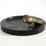Beautiful, large black granite valet tray featuring a brass peacock, circa