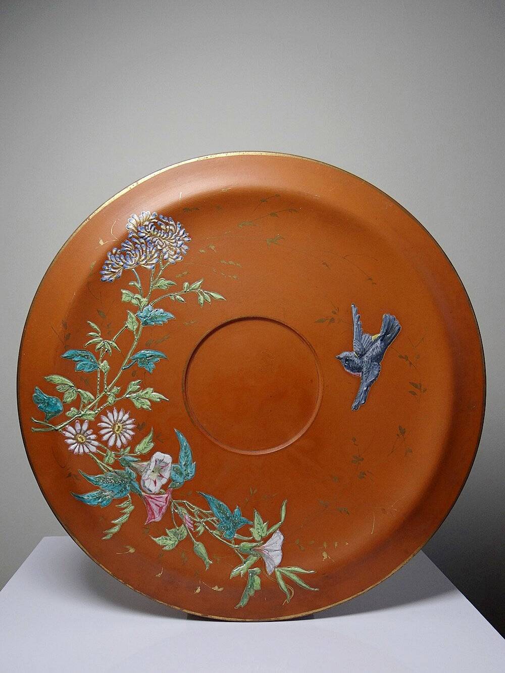 Large old clay/terracotta dish with Japanese Art Nouveau enamel