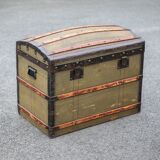 Antique trunk made of burlap and iron, storage suitcase