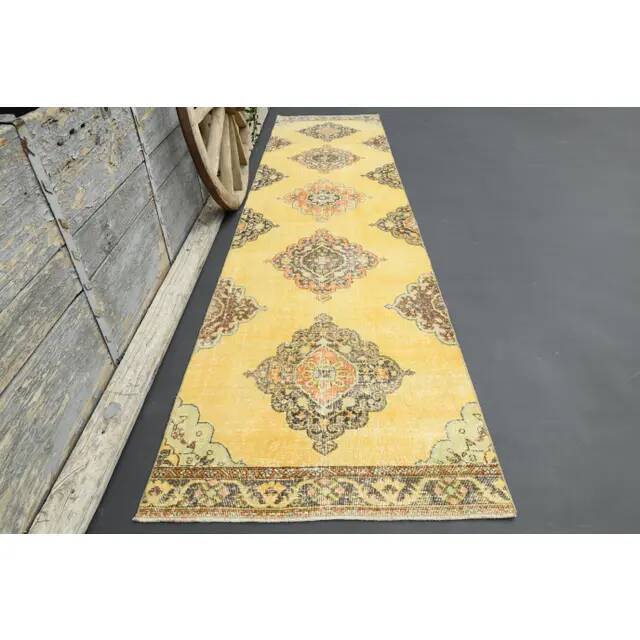 1970s Turkish Oushak Handmade Wool Cotton Yellow Runner 96x385