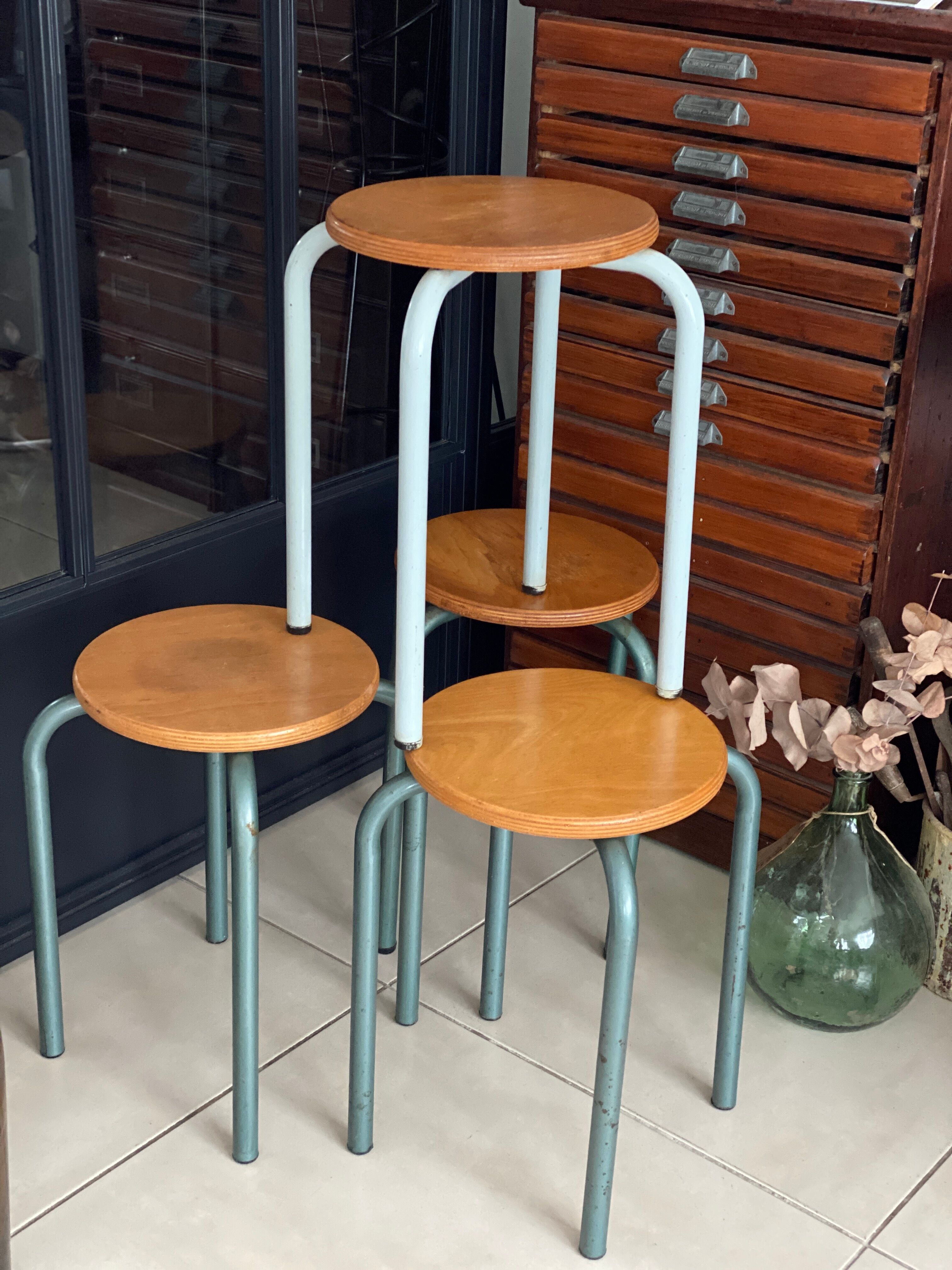 Set of 4 metal and wood workshop stools