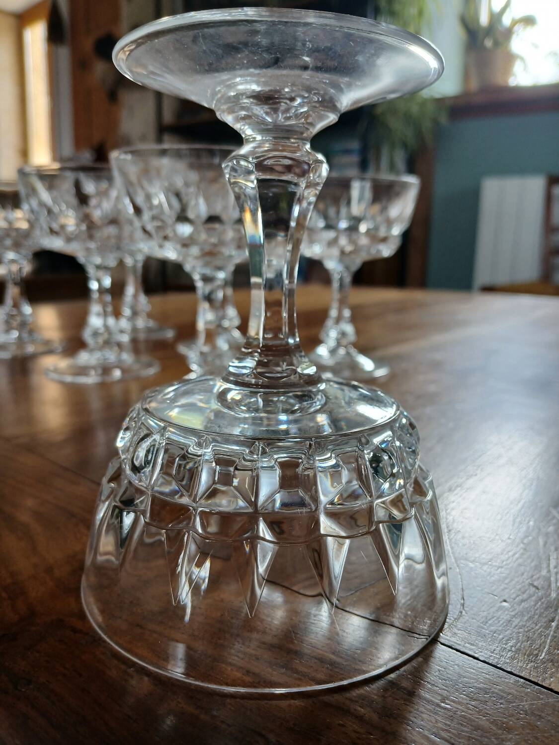 7 antique crystal champagne coupes