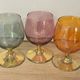 3 coloured smoked glass liqueur glasses with golden stems, vintage.