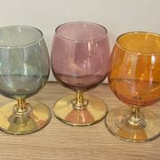 3 coloured smoked glass liqueur glasses with golden stems, vintage.