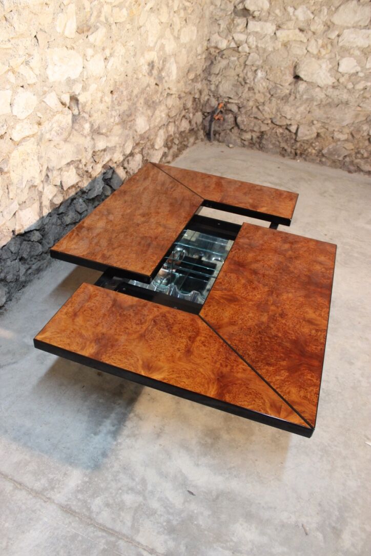 Coffee table, cocktail bar hidden in Elm Magnifier by Paul Michel, 1970 Roche Bobois