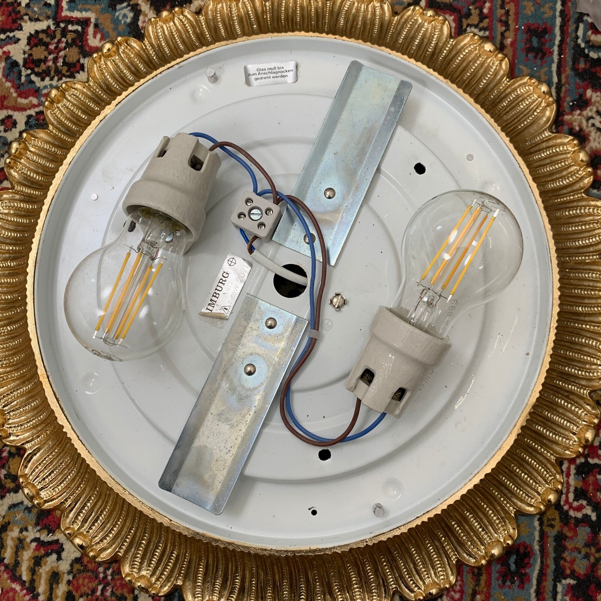 Old ceiling lamp gold metal and globe glass decor of diamond tips limburg