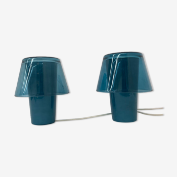Lot de 2 lampes de table vintage Ikea Gavik mushroom verre bleu