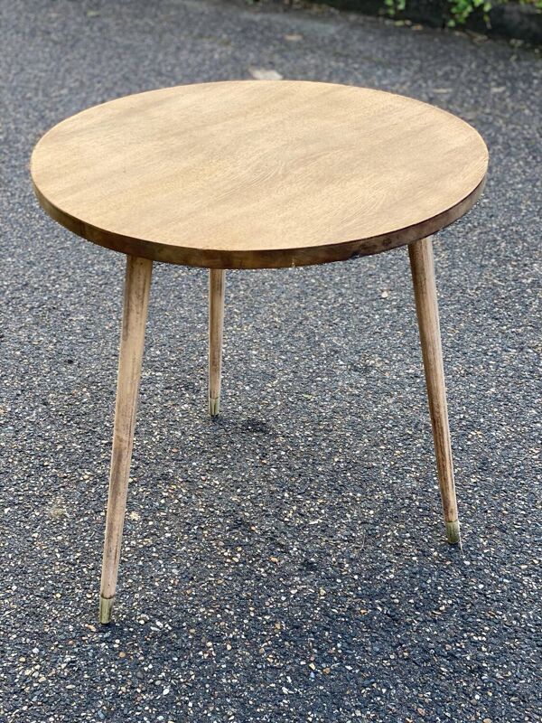 Table basse table d’appoint scandinave pieds compas rénovée en bois brut