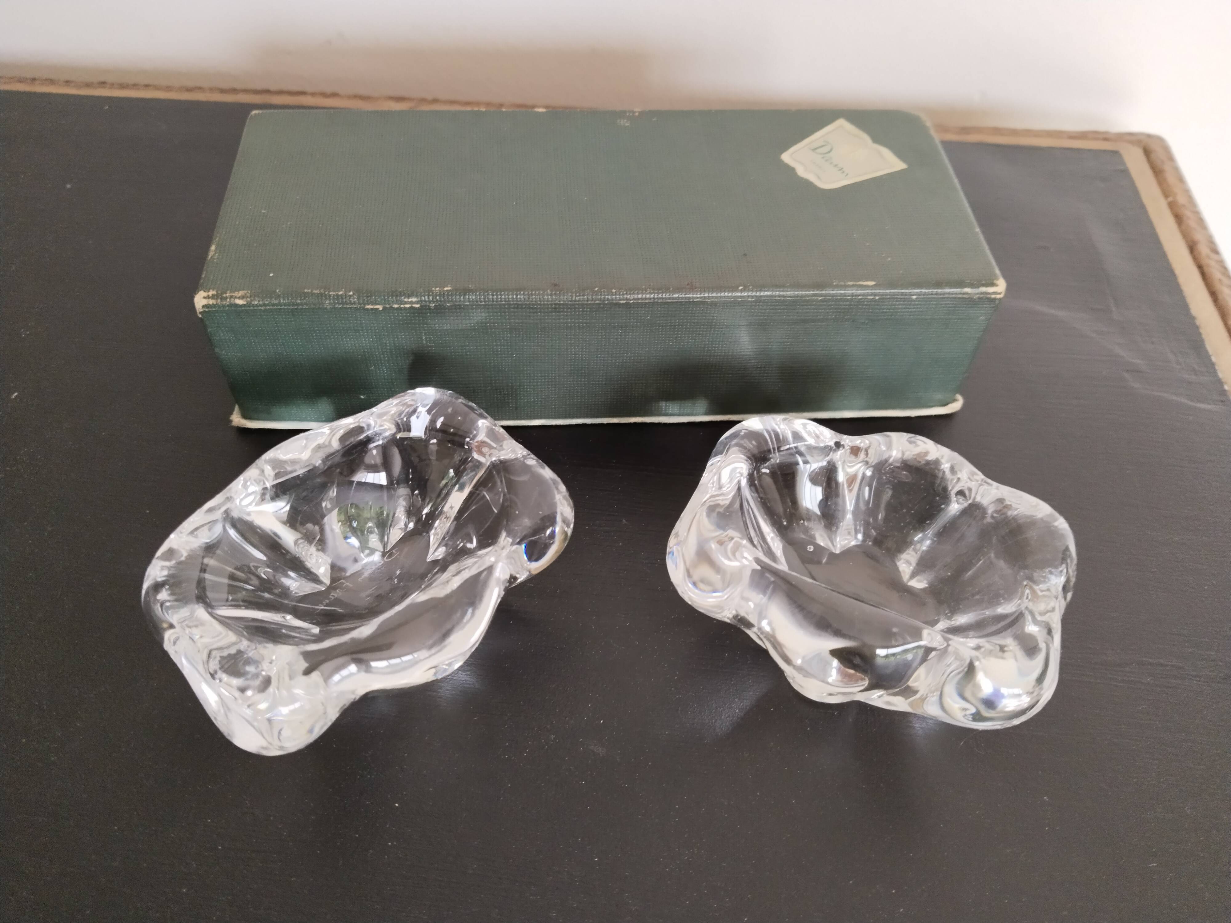 Crystal salt and pepper shakers signed Daum France; antique french