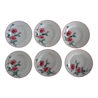 6 assiettes anciennes faience hb creil & montereau décor fleurs luxeuil