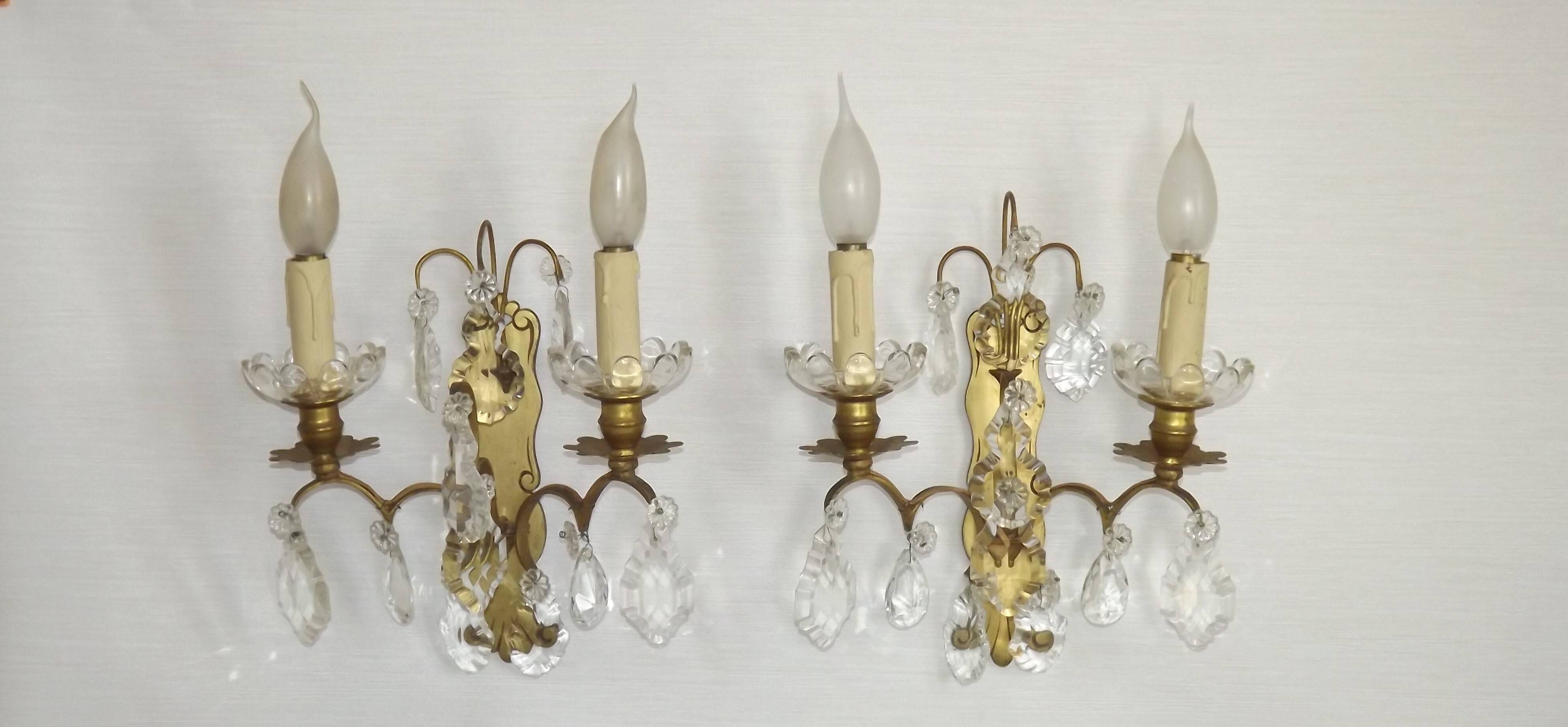 Pair of French Double Brass & Glass Wall Lights Adorned With Crystals