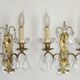 Pair of French Double Brass & Glass Wall Lights Adorned With Crystals
