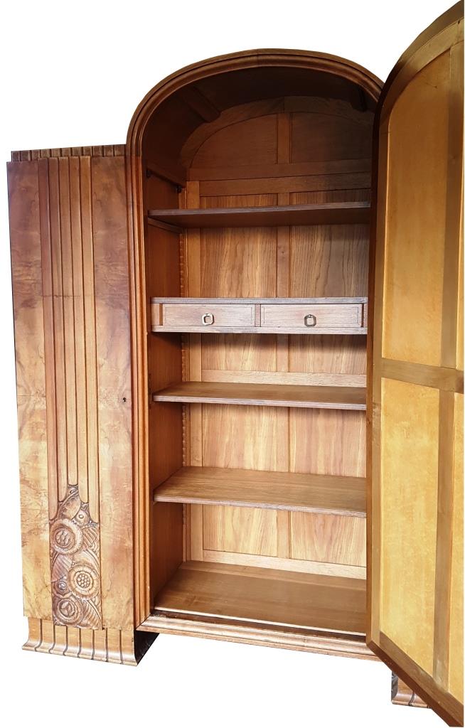 Art Deco wardrobe with elm magnifying glass dome and oak