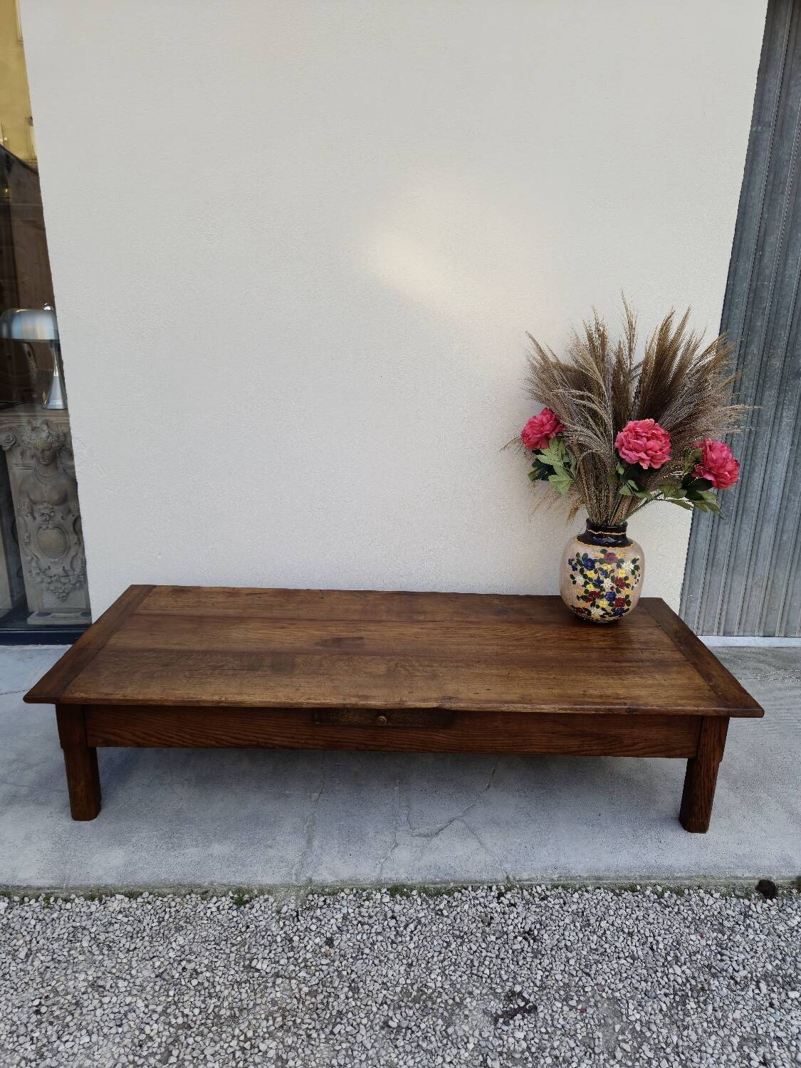 Rustic farmhouse coffee table with two drawers, solid oak, 19th century - 1.97m